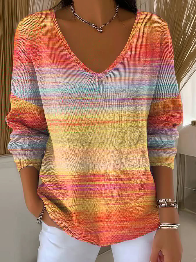Avalina - Stribet Sweater Med V-Hals Og Farveovergang