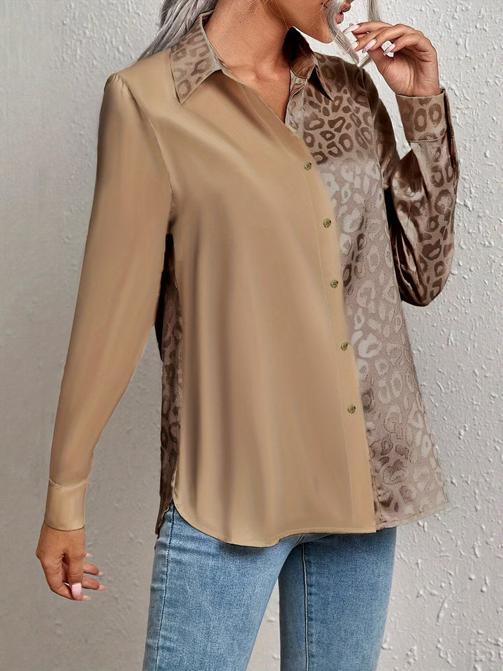 Gwendolyn - Leopard Udskriv Jacquard To-farvet Satin Knaplukning Skjorte