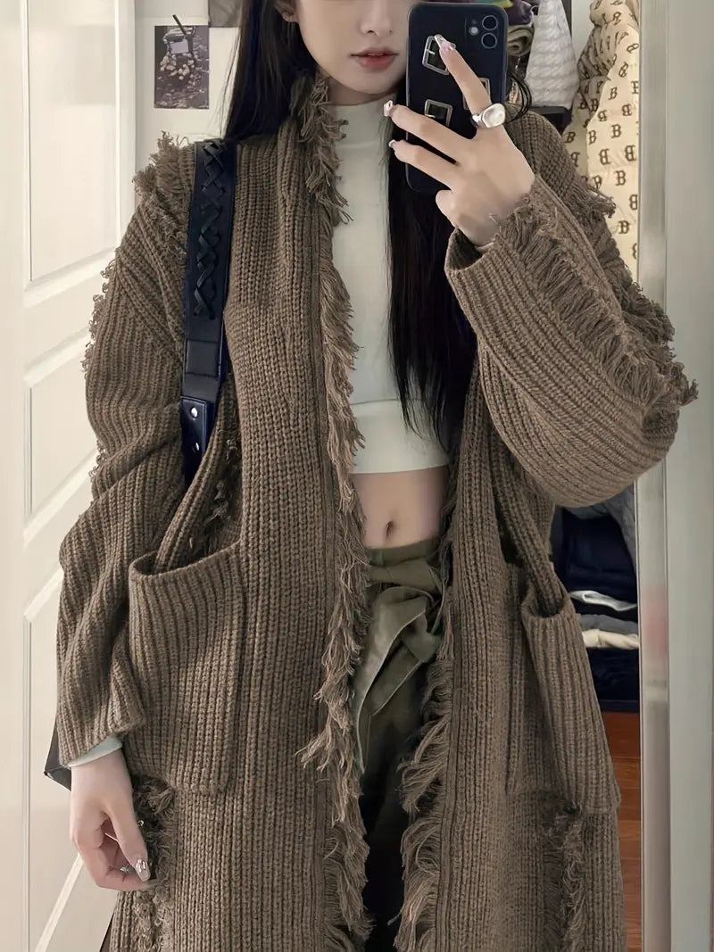 Ramziya - Elegant Lang Kvast Cardigan Med Lomme