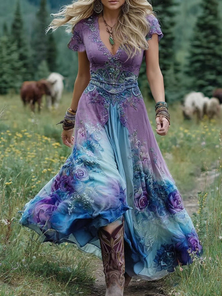 Marcina - Elegant Maxi Kjole Med Blomsterfarver