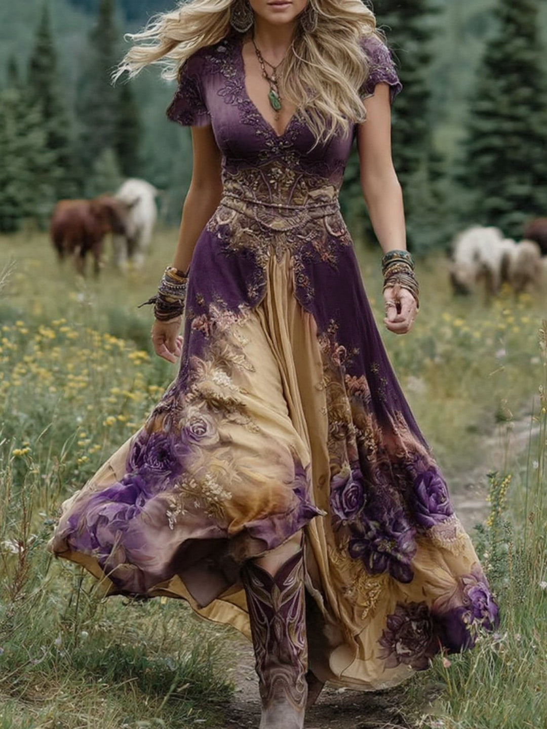 Marcina - Elegant Maxi Kjole Med Blomsterfarver