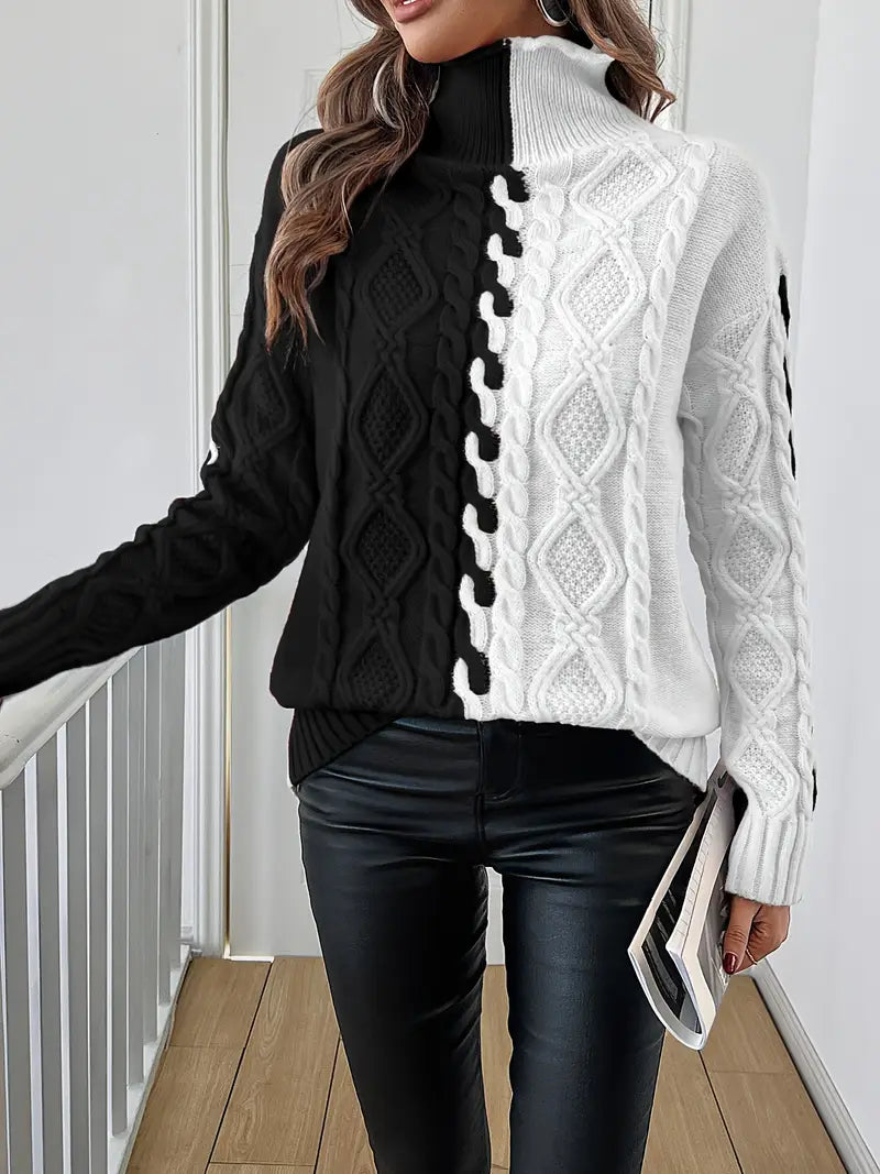 Leovia - Elegant Stribet Sweater Med Høj Hals