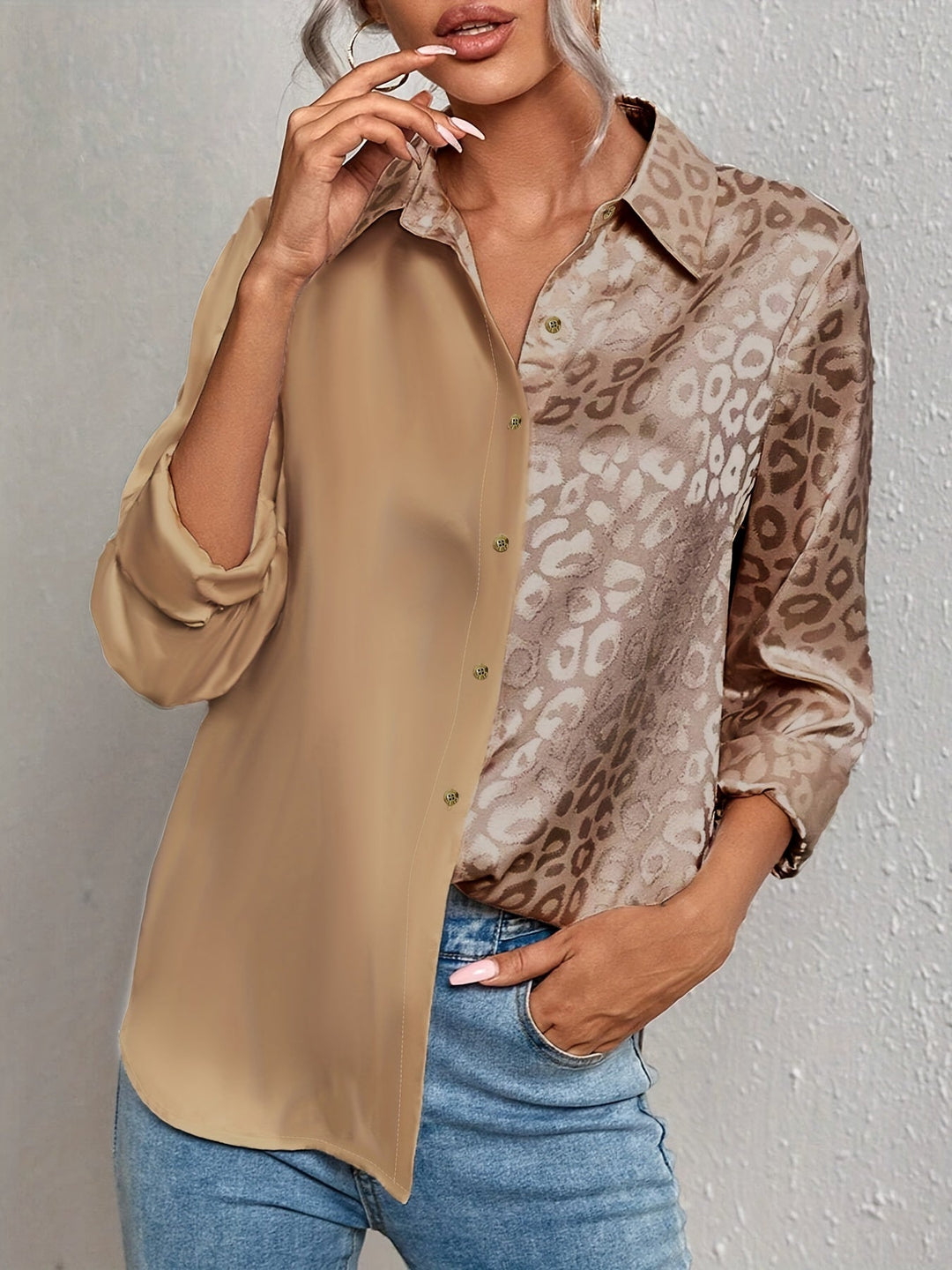 Gwendolyn - Leopard Udskriv Jacquard To-farvet Satin Knaplukning Skjorte