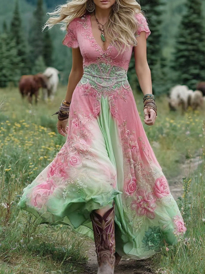 Marcina - Elegant Maxi Kjole Med Blomsterfarver