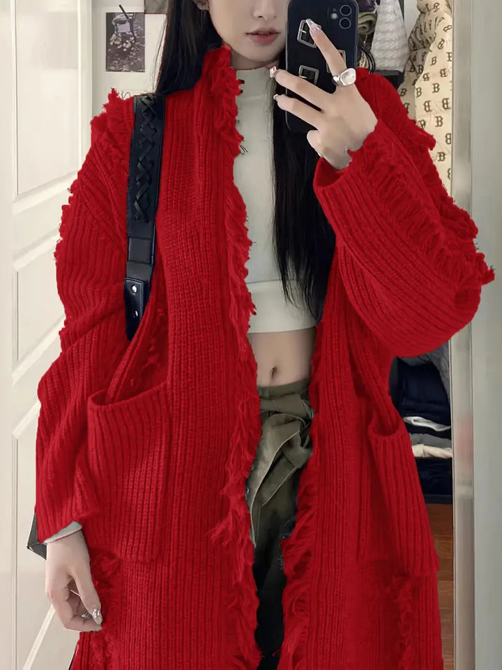 Ramziya - Elegant Lang Kvast Cardigan Med Lomme