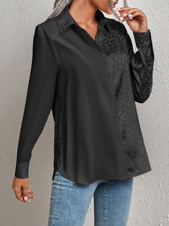 Gwendolyn - Leopard Udskriv Jacquard To-farvet Satin Knaplukning Skjorte