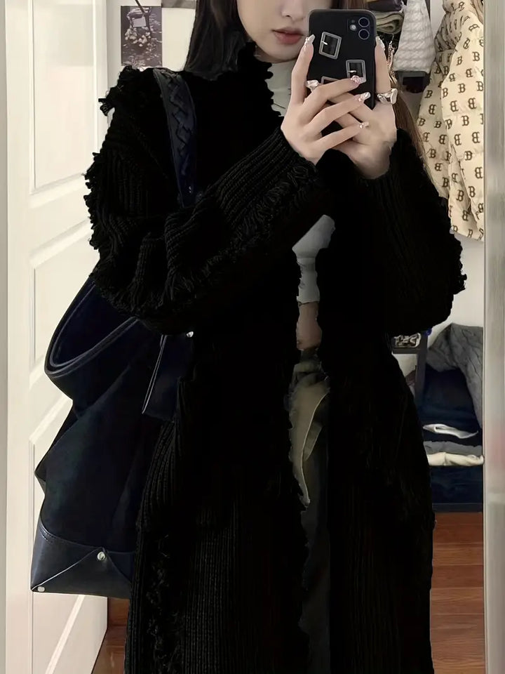 Ramziya - Elegant Lang Kvast Cardigan Med Lomme