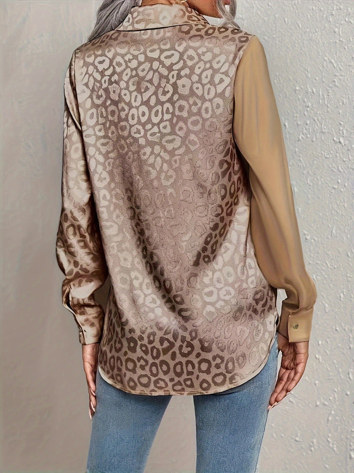 Gwendolyn - Leopard Udskriv Jacquard To-farvet Satin Knaplukning Skjorte