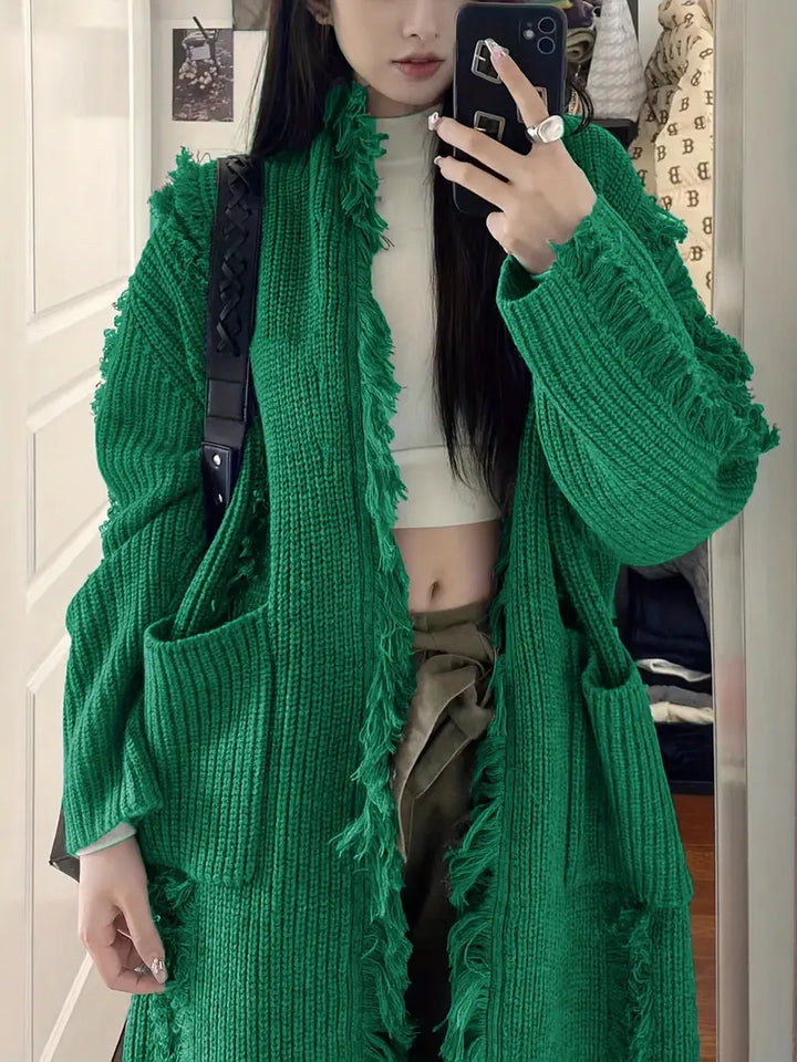 Ramziya - Elegant Lang Kvast Cardigan Med Lomme