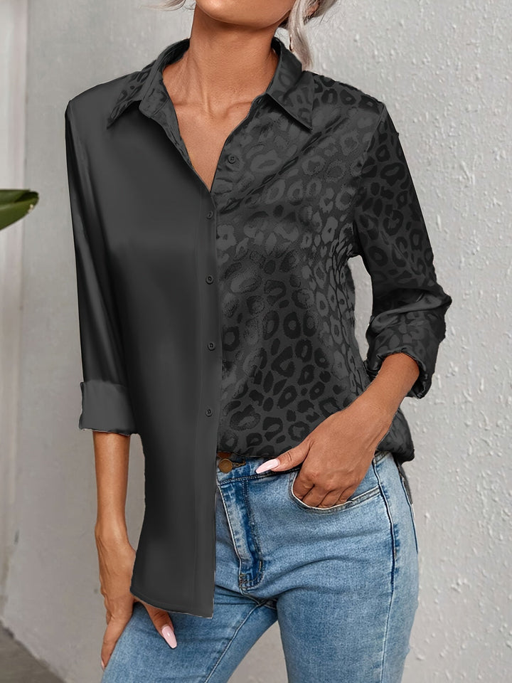Gwendolyn - Leopard Udskriv Jacquard To-farvet Satin Knaplukning Skjorte