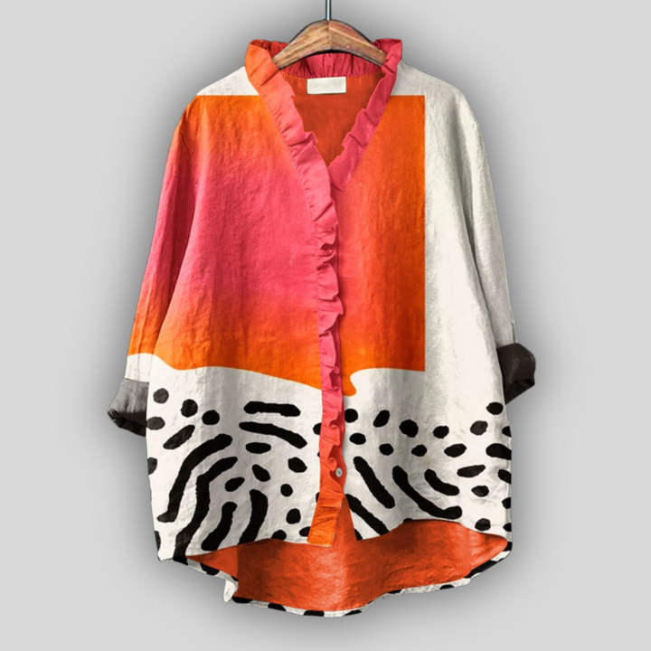 Calysta - Bluse Med Abstrakt Print Og Flæser