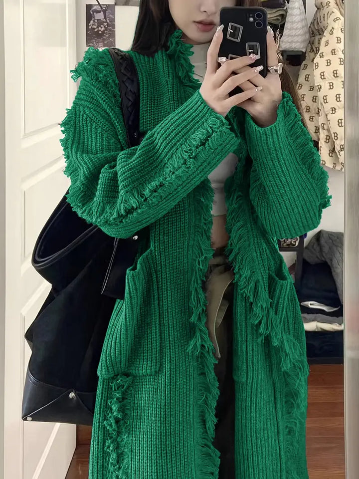 Ramziya - Elegant Lang Kvast Cardigan Med Lomme