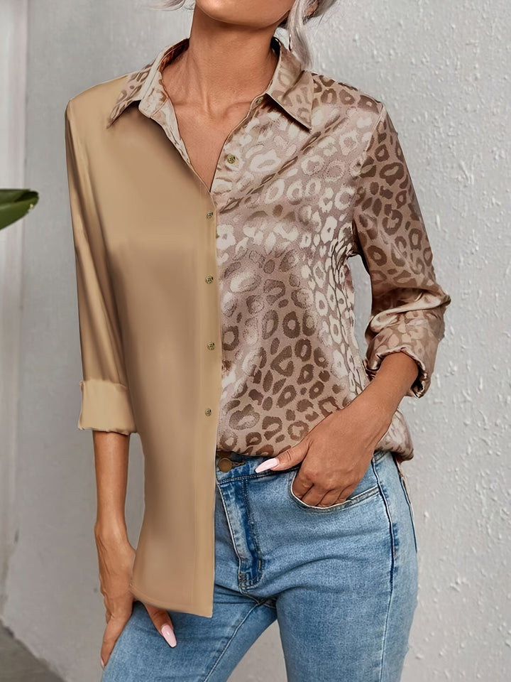 Gwendolyn - Leopard Udskriv Jacquard To-farvet Satin Knaplukning Skjorte