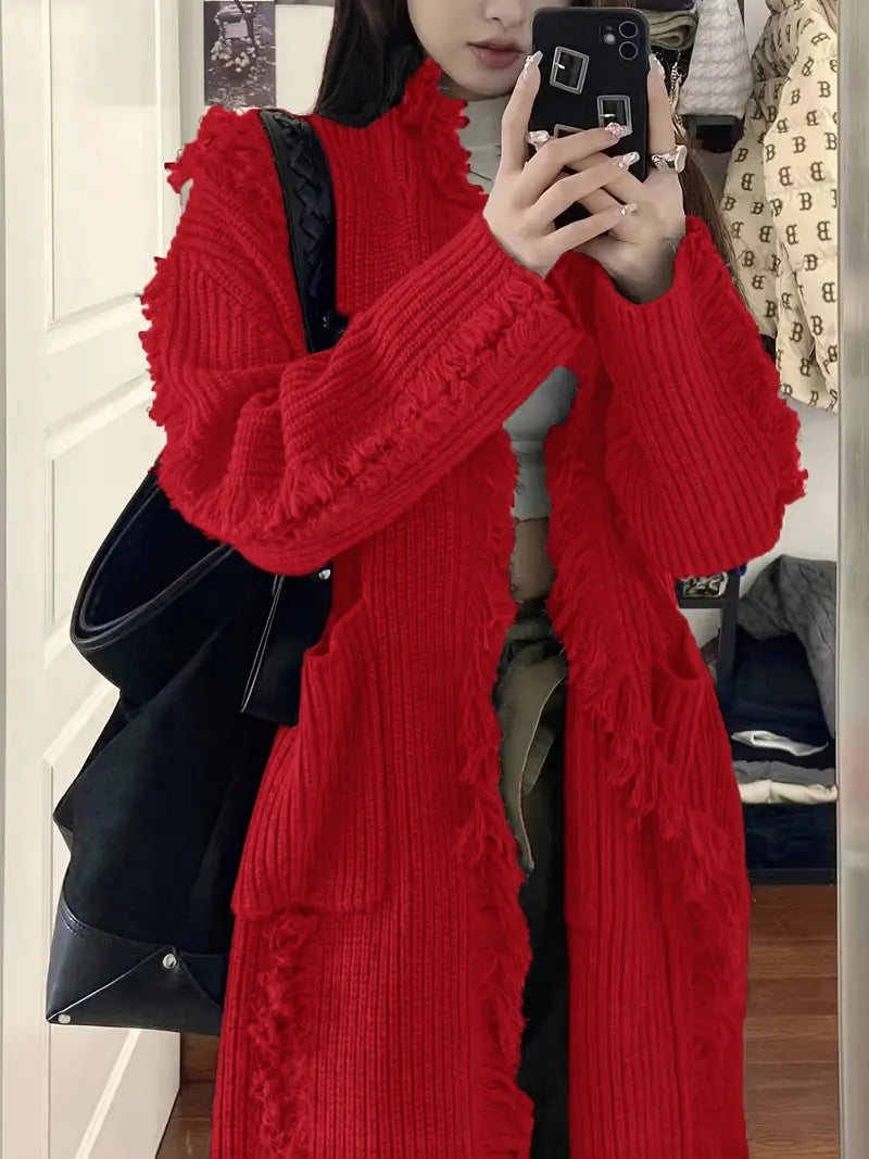 Ramziya - Elegant Lang Kvast Cardigan Med Lomme