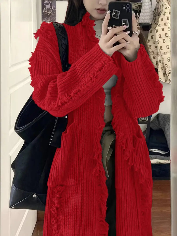 Ramziya - Elegant Lang Kvast Cardigan Med Lomme
