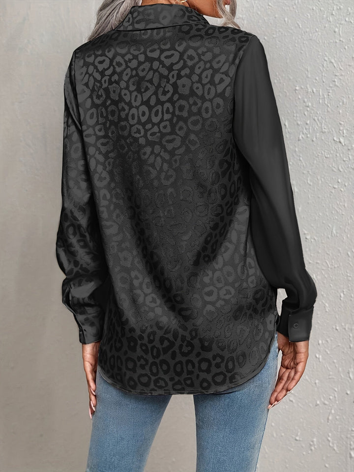 Gwendolyn - Leopard Udskriv Jacquard To-farvet Satin Knaplukning Skjorte