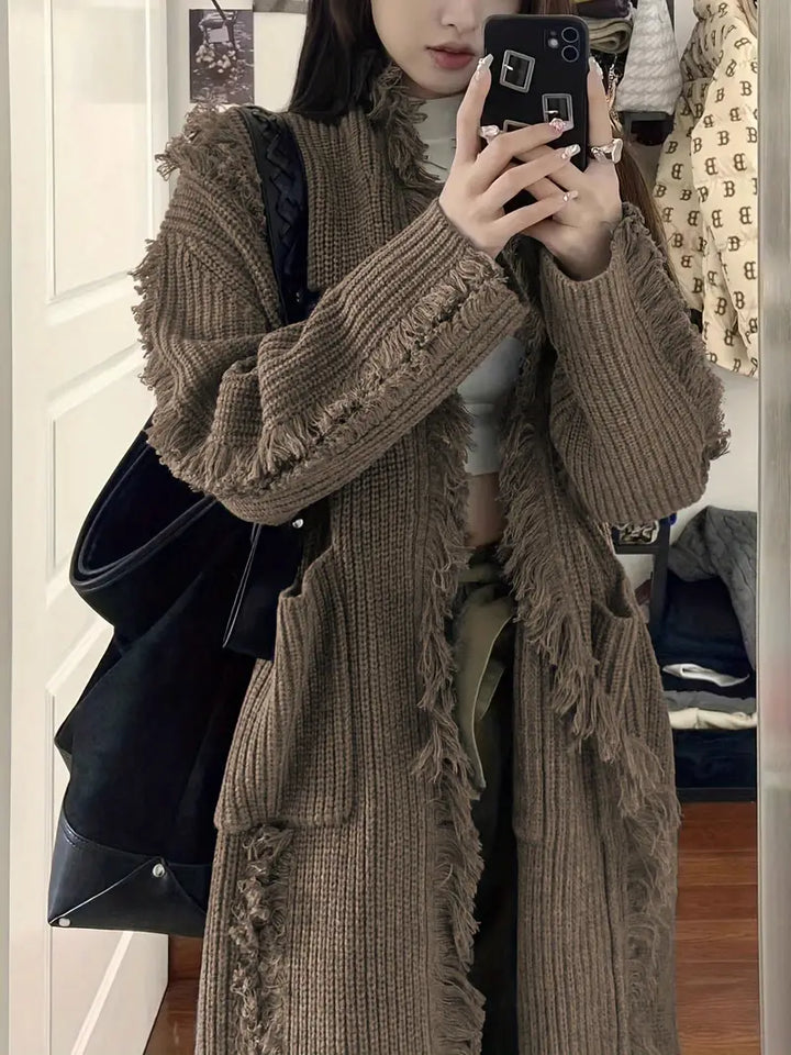 Ramziya - Elegant Lang Kvast Cardigan Med Lomme