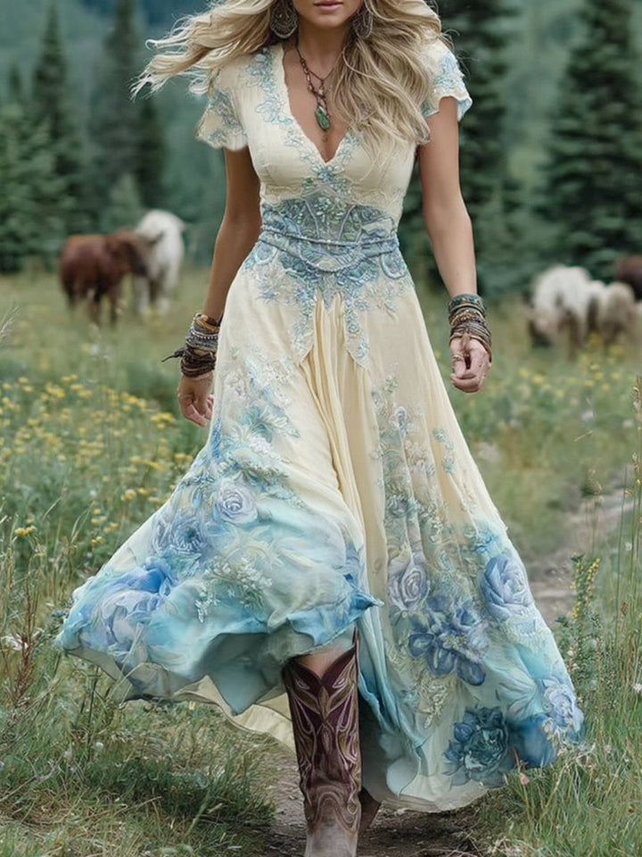 Marcina - Elegant Maxi Kjole Med Blomsterfarver