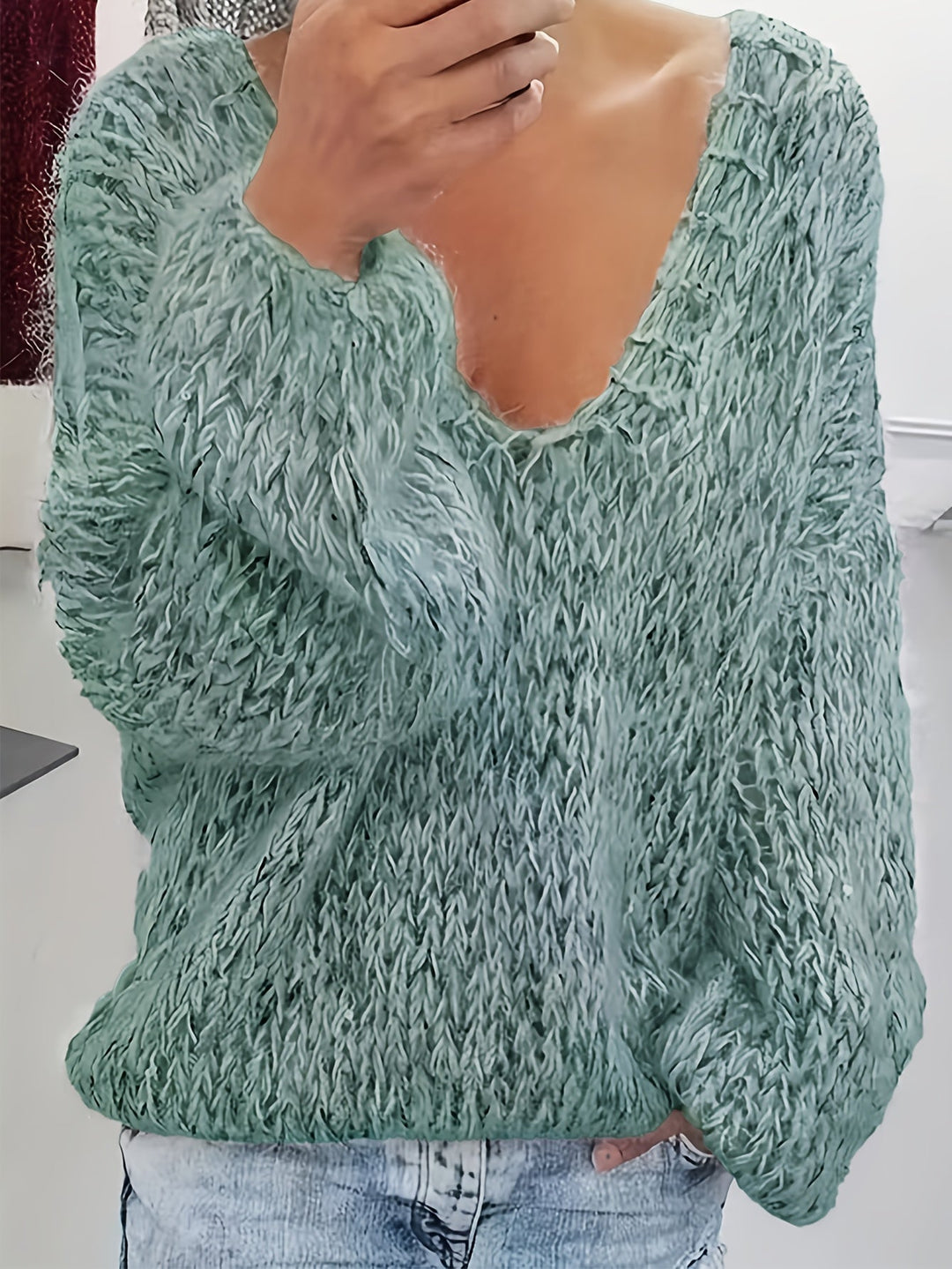 Vriona - Strikkede Langærmet Trøje Med V-Hals