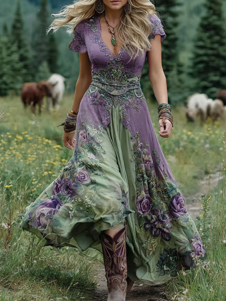 Marcina - Elegant Maxi Kjole Med Blomsterfarver
