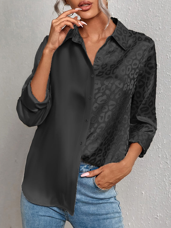 Gwendolyn - Leopard Udskriv Jacquard To-farvet Satin Knaplukning Skjorte