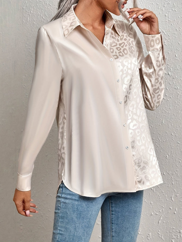 Gwendolyn - Leopard Udskriv Jacquard To-farvet Satin Knaplukning Skjorte