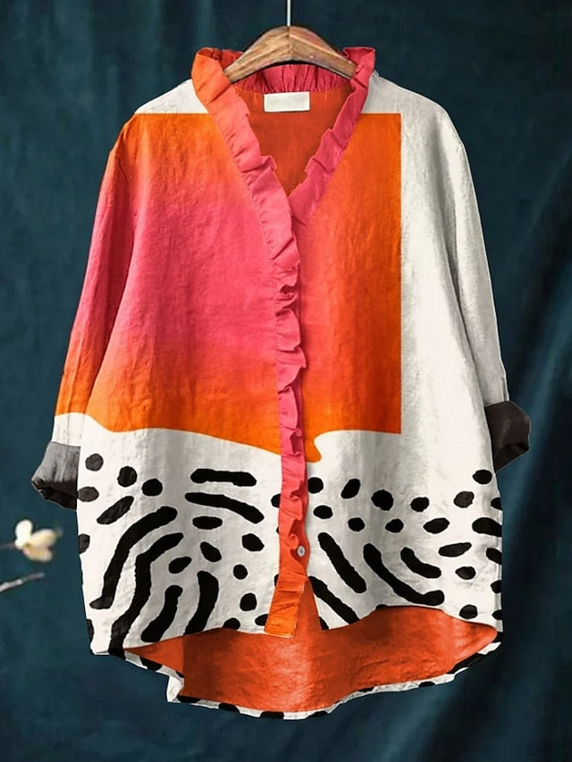 Calysta - Bluse Med Abstrakt Print Og Flæser