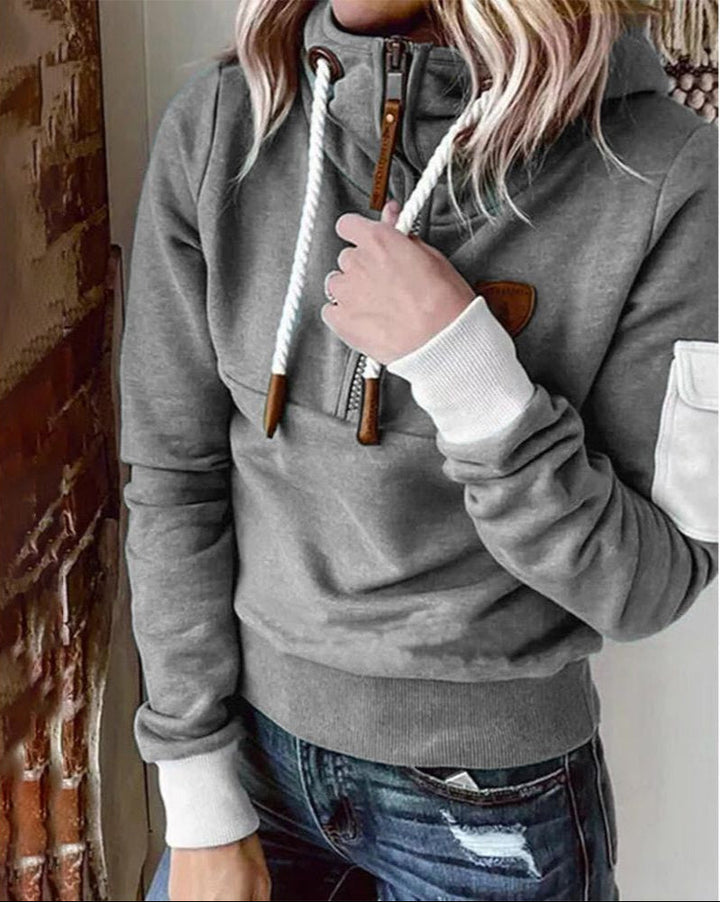 Helsa - Casual Hættetrøje Med Halv Lynlås Og Lomme På ærmet